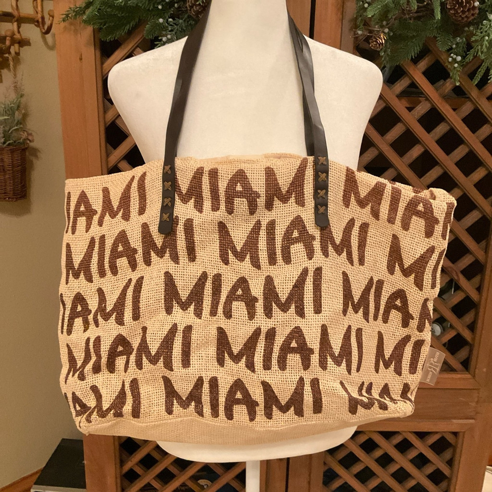 Robin Ruth Miami Resort Vacation Jute Tote Bag Brown & Natural Canvas